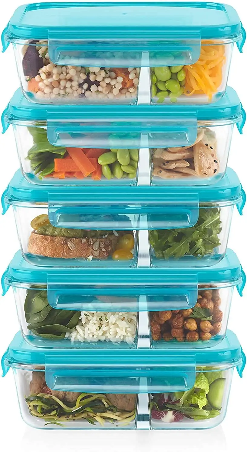 

10-Pc Bento Box Set, 4-Cup Divided Glass Food Storage Containers Set, Non-Toxic, BPA-Free Latching Lids, Freezer, Microwave and
