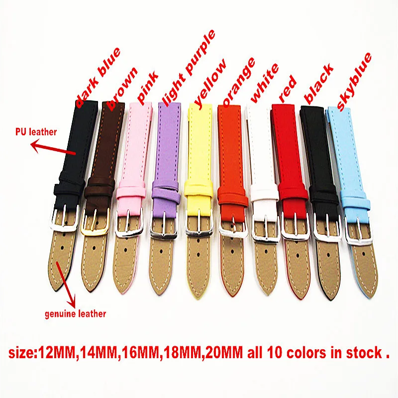 Wholesale 250PCS / Lots 12MM 14MM 16MM 18MM 20MM PU With Genuine Leather Watch Band Watch Strap 10 Colors Available -110901
