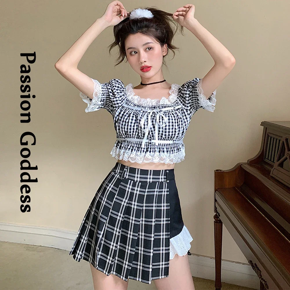 Женский кружевной комплект из 2 предметов в клетку короткий топ с оборками и юбка