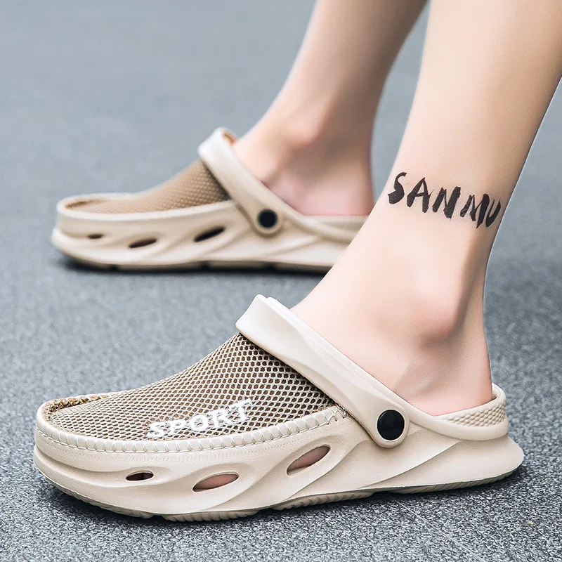 

2023 summer breathable non-slip mesh cloth sandals half pack casual Bird's nest croc men beach lazy half slippers