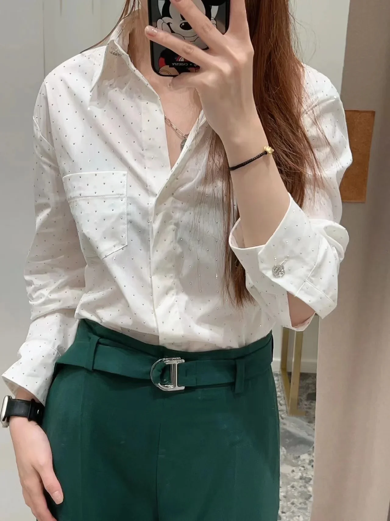 

Women's Shirt Rhinestone Decoration One Pocket Simple Casual Turn-down Collar Buttons Blouse