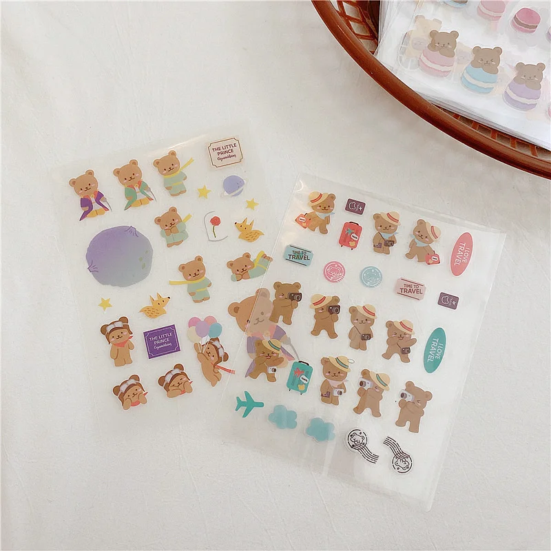

Korean Ins Cartoon Bear Cute Stickers Transparent PVC Children Diy Collage Stationery Mobile Phone Kawaii Decorative Sticker