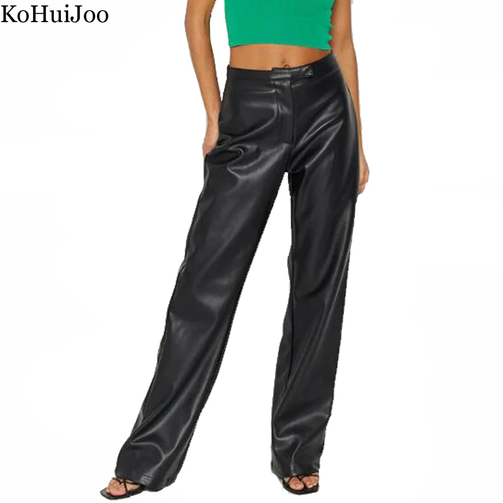 

Женские прямые брюки KoHuiJoo из искусственной кожи, Осень-зима 2022, Модные Винтажные черные брюки с широкими штанинами в уличном стиле