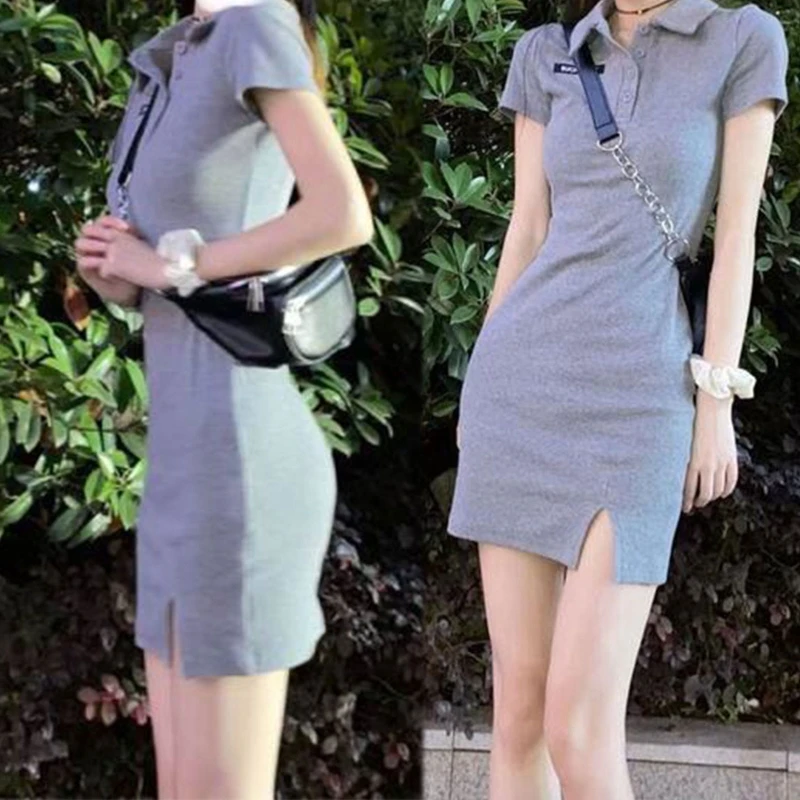 

Y166 Women Short Sleeve Lapel Button V-Neck Split Hem Solid Mini Bodycon Pencil Dress
