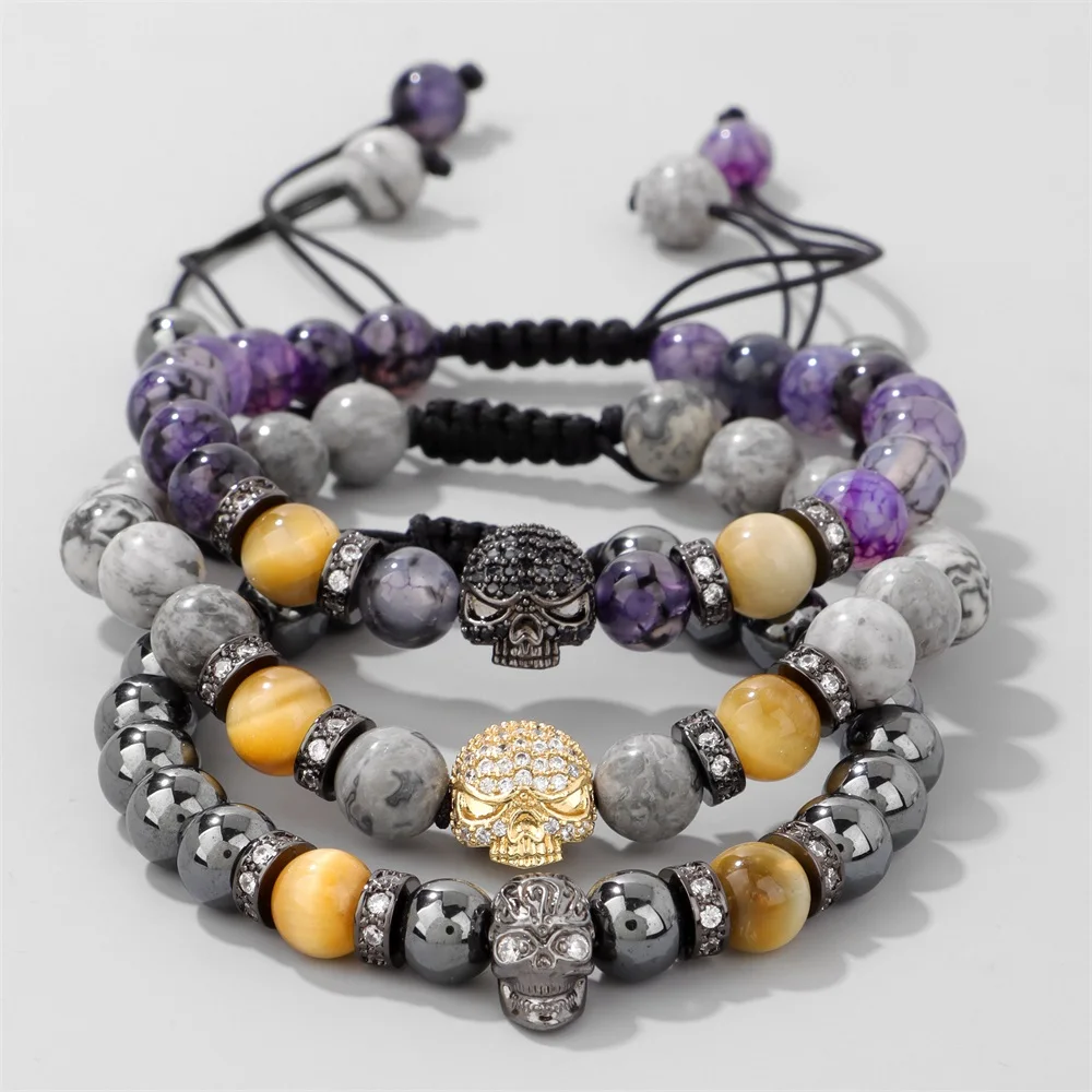 Винтажный браслет с черепом для мужчин 8 мм бусины из гематита и агата