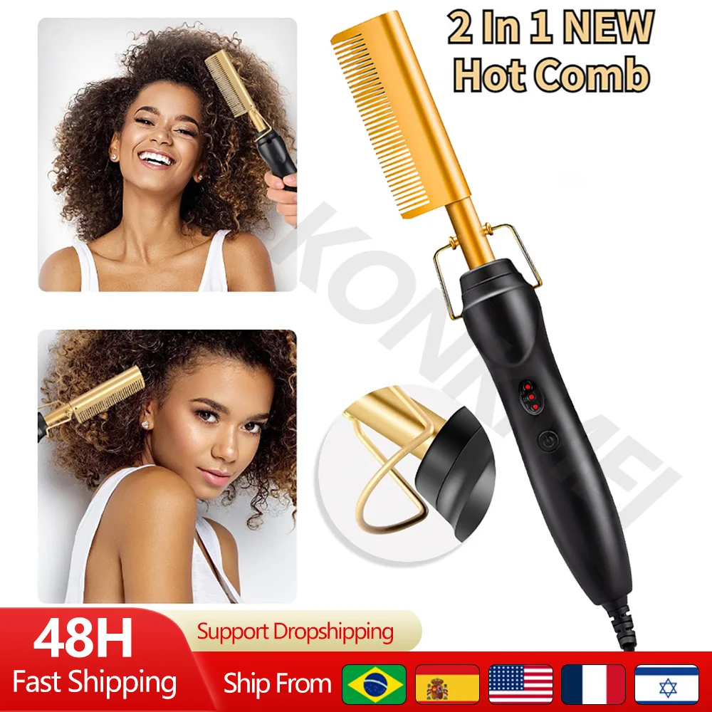 

New 2 In 1 Hot Comb Hair Straightener Flat Iron Electric Hot Heating Comb Wet and Dry Hair Curler Straight Styler Curling Iron