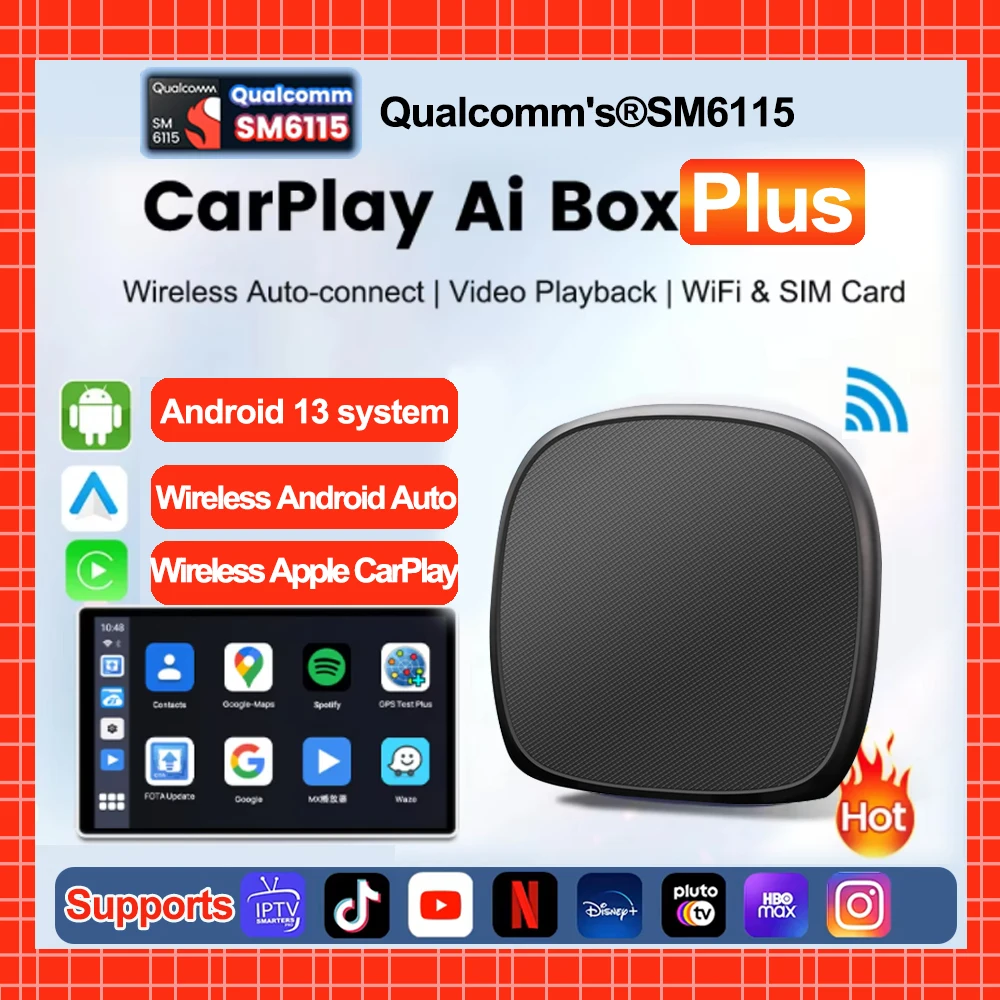 CarPlay Ai Box Plus 4G + 64G Android 13 Беспроводной Auto 4GLTE GPS Для YouTube Netflix VW Kia Sportage K5 Carnival Pican