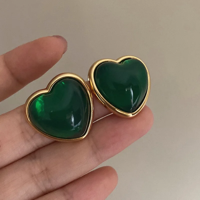 

Korea Chic Heart Earrings Retro Green Resin Metal Fashion Design Earrings for Women's Birthday Party Gift