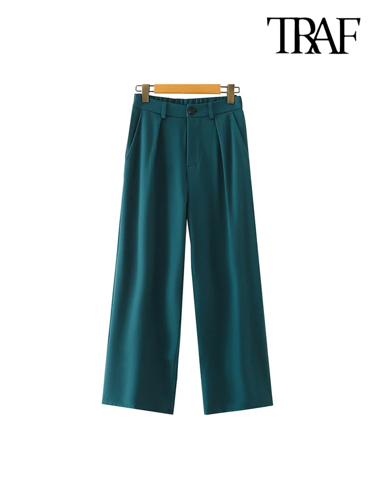 

TRAF Women Fashion Side Pockets Office Wear Wide Leg Pants Vintage High Waist Zipper Fly Female Trousers Mujer