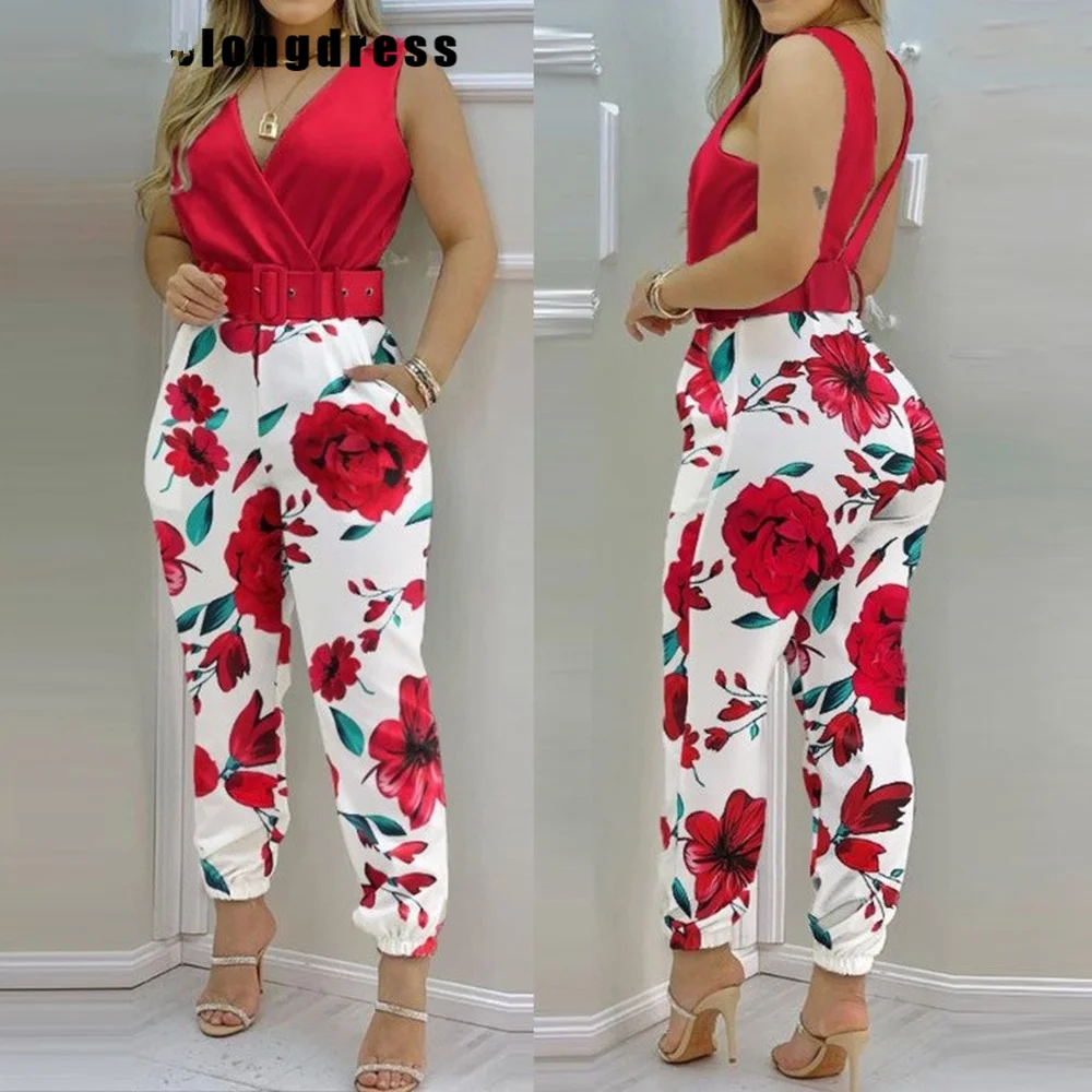 Summer High Waist Sleeveless Long Jumpsuit Women Fashion Printing V-neck Sleeveless Sashes Long Jumpsuit Women