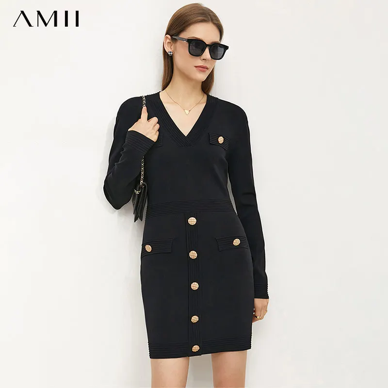 

Amii Minimalism Knitted Dresses For Women Office Lady Vneck Full Sleeve Winter Elegant Dresses Women's Mini Dress 12130303