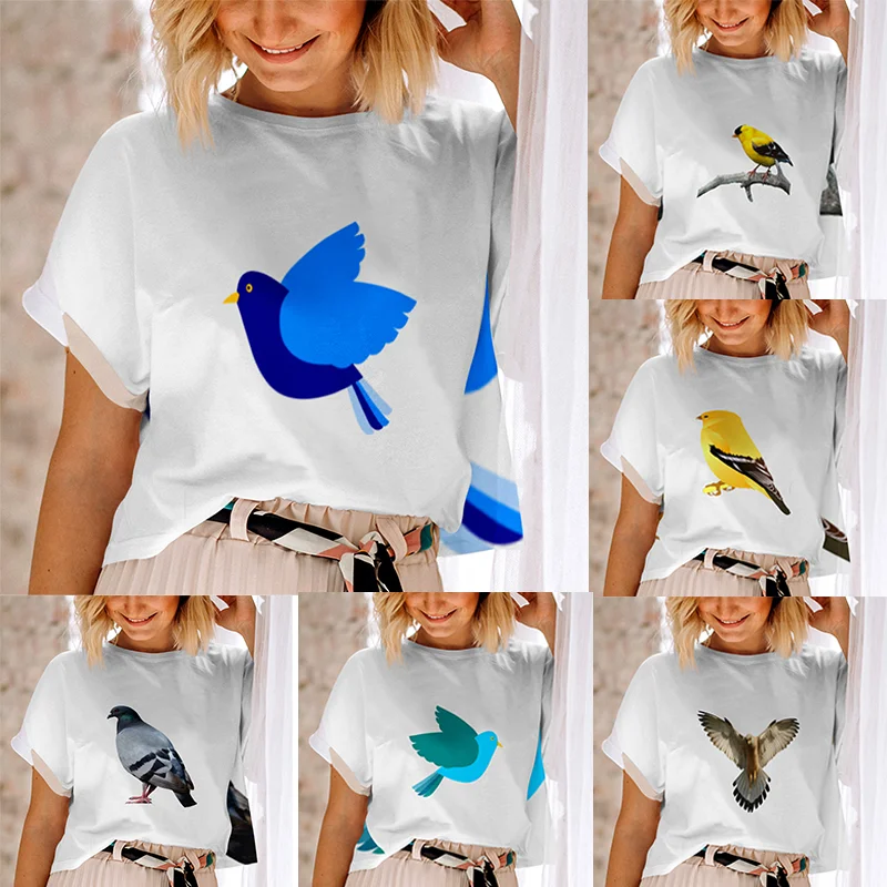 

Parrot Bird Watercolor Print T-Shirt Women Sweet Short Sleeve Tops Casual Loose Tees Pullover Summer Oversize Fashion Clothes