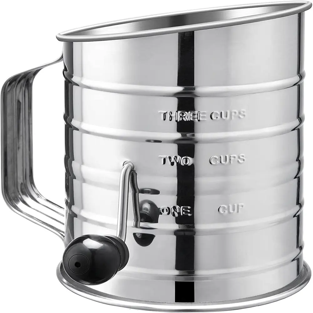 

Stainless Steel 3 Cup Flour Sifter with 4 Wire Agitators, Dishwasher Safe