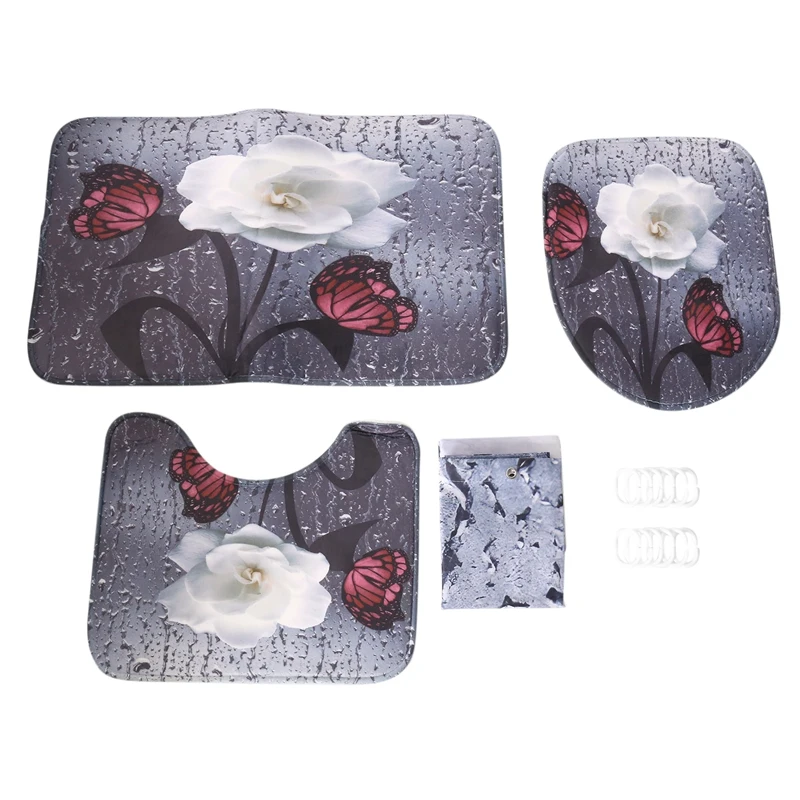 

Водонепроницаемая занавеска для душа из ткани с 3D изображением бабочек и цветов, Комплект штор для ванной комнаты, нескользящий чехол с цветочным рисунком