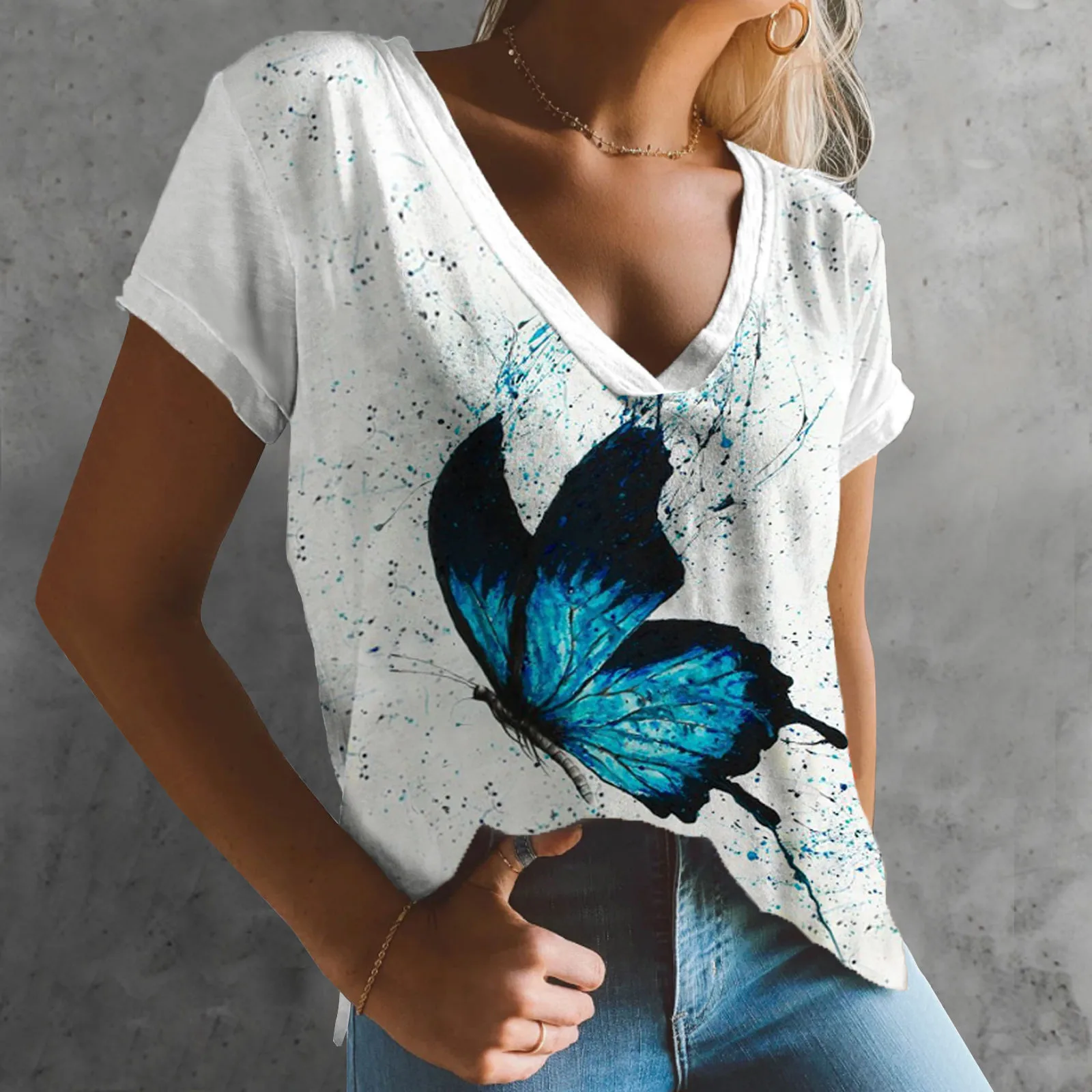 

Женская летняя футболка с принтом бабочки, повседневные футболки, модные свободные топы с V-образным вырезом и коротким рукавом, женская фут...