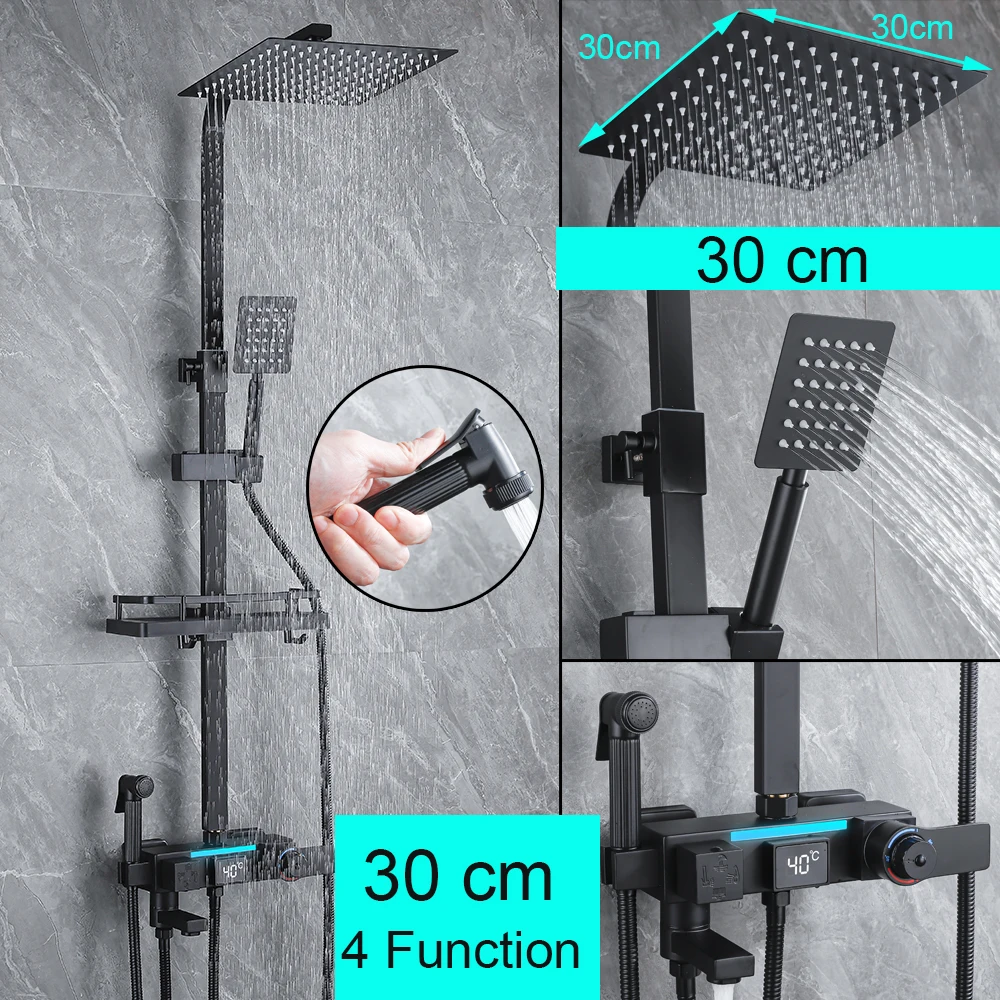 

Светодиодный смеситель для душа с температурным дисплеем из нержавеющей стали, термостатический смеситель для ванны с распылителем для биде и полкой для ванной комнаты