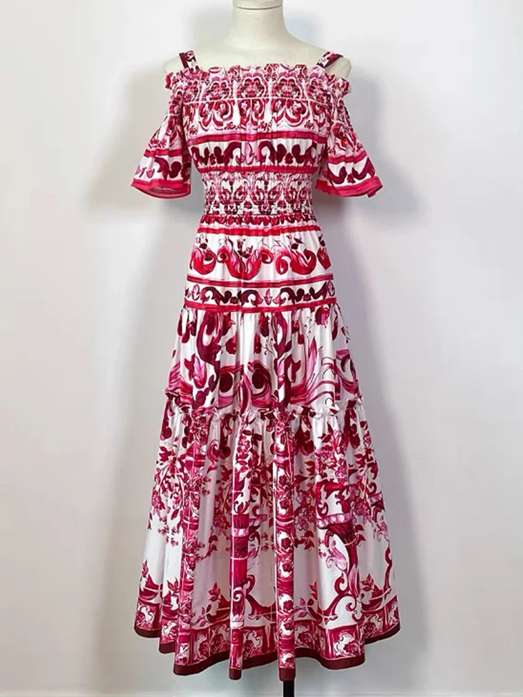 

Sexy drop shoulder one line neck halter elastic high waist dress women's new summer fashion A line loose big swing pommel skirt