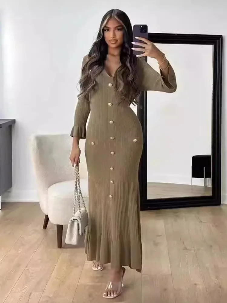 Элегантные вязаные Макси-Платья на пуговицах для женщин сексуальное облегающее
