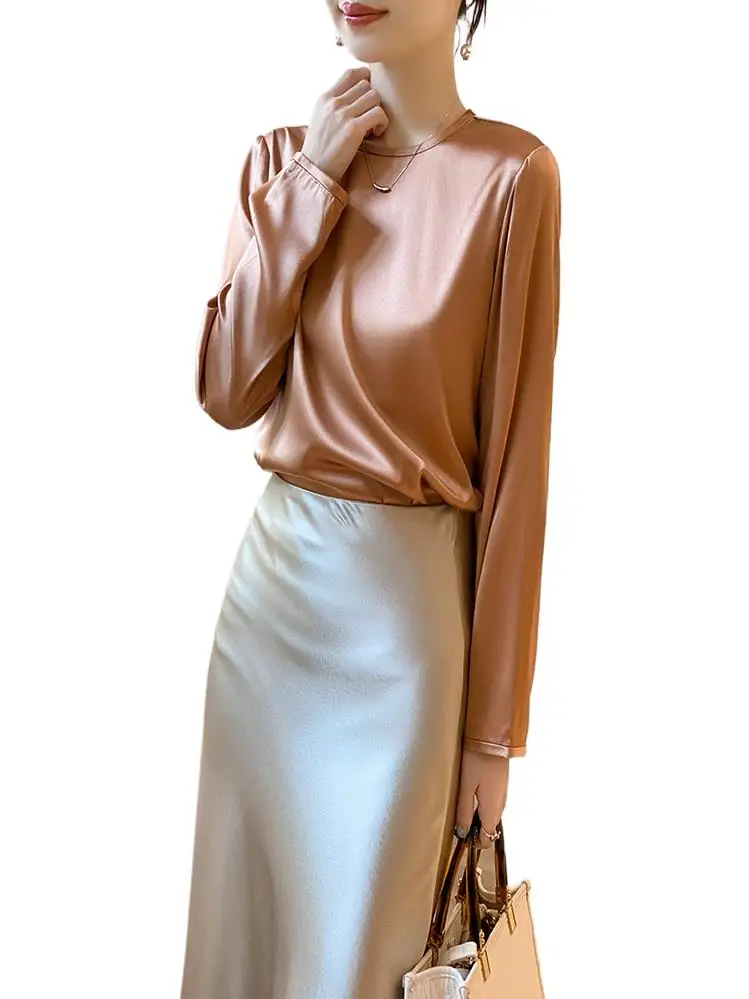 

Женская атласная рубашка с круглым вырезом и длинными рукавами, с разрезом на Подоле и пуговицами сзади, приталенная и элегантная Однотонная рубашка