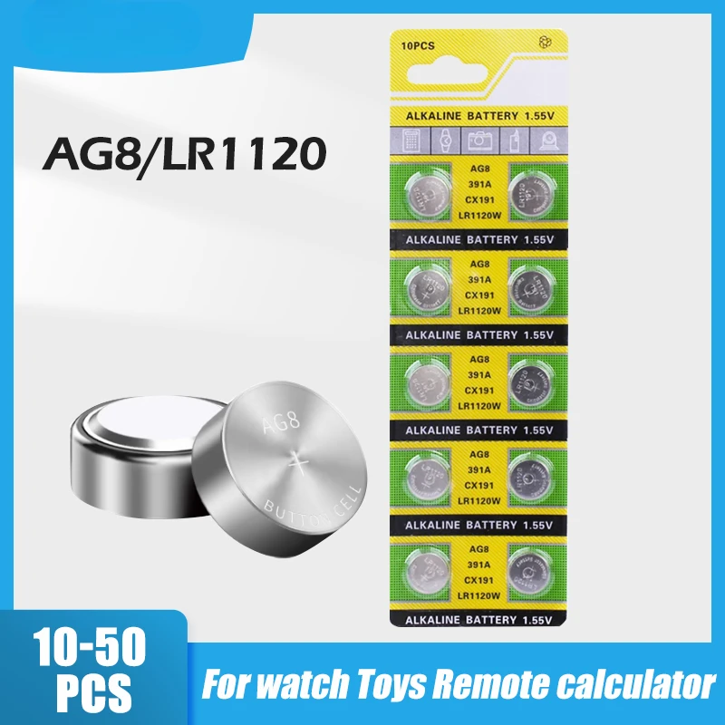 

10-50PCS AG8 LR1120 AG8 381 SR1120SW D381 SR55 GP391 SR1121 1.55V Alkaline Battery For Toys Watches Remote Control Button Cell