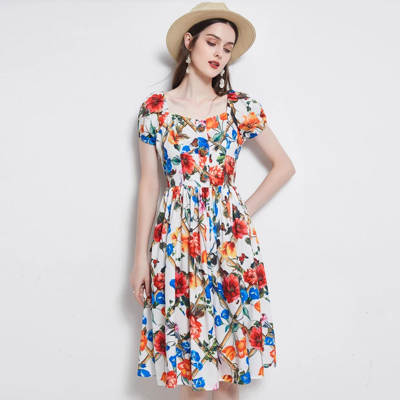 

Customize Made Women Summer Fashion Casual Plus Size 3XS-10XL Square Collar Short Sleeve High Waist A Line Printing Dress