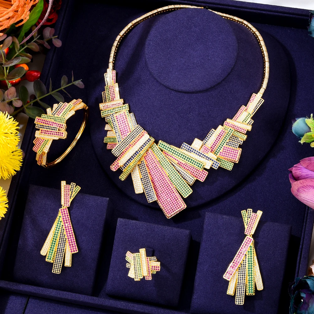 

missvikki 4 PCS Shiny Full Cubic Zirconia Luxury Princess Bangle Earrings Necklace Ring Jewelry Set Brides Wedding Jewellery