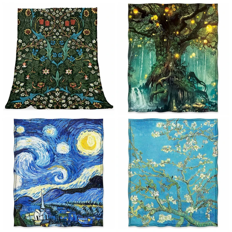 

Morris Vintage Garden Forest Vine Flower The Starry Night Art Almond Blossom Tree Nature Popular Elves Flannel Blanket For Sofa