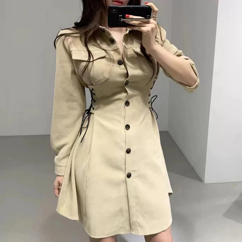 Элегантное шикарное платье в Корейском стиле весеннее модное однобортное