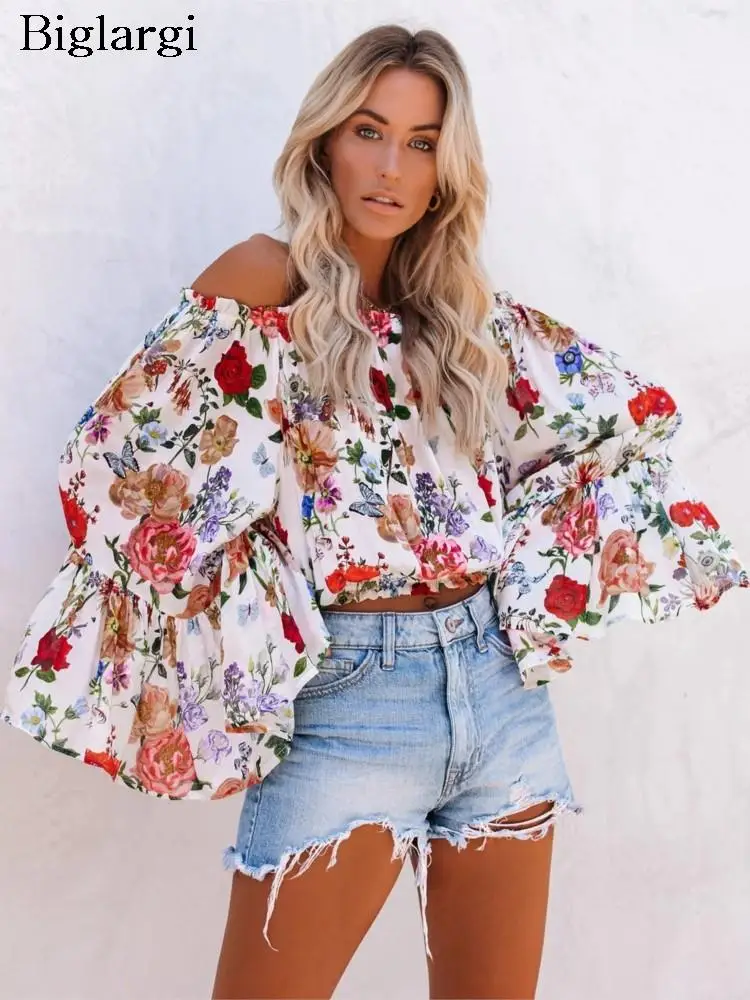 

Женская блузка с открытыми плечами, длинным рукавом и цветочным принтом