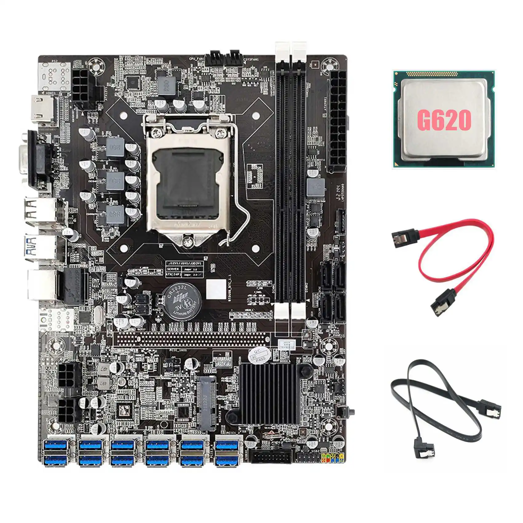 B75 BTC Mining Motherboard+G620 CPU+2xSATA Cable 12 PCIE to USB3.0 Adapter LGA1155 DDR3 B75 USB ETH Miner Motherboard