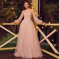 romantic baby pink tulle evening dress puff sleeves o neck with appliques floor length long prom party gowns for women vestido