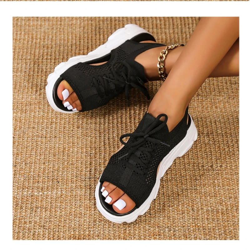 

2022 New Summer Women Sandals Knitted Casual Sneakers Platform Thick Soled Woman Shoes Lace Up Sandal Fashion Solid Beach Shoes