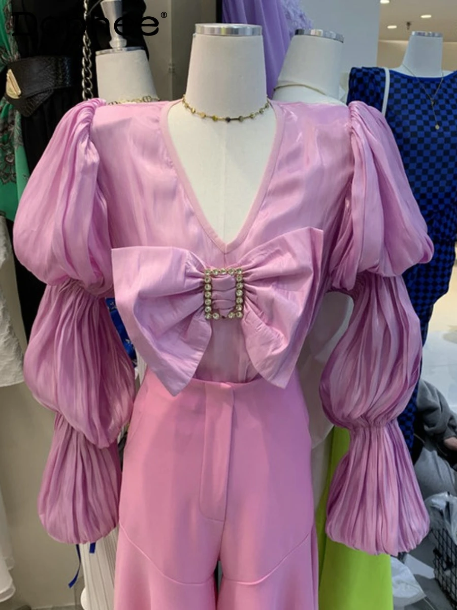

2022 Summer New Temperament V-neck Bow Bubble Long Sleeve Shirt Women Vintage Court Style Short Organza Blusas Purple Top Girls