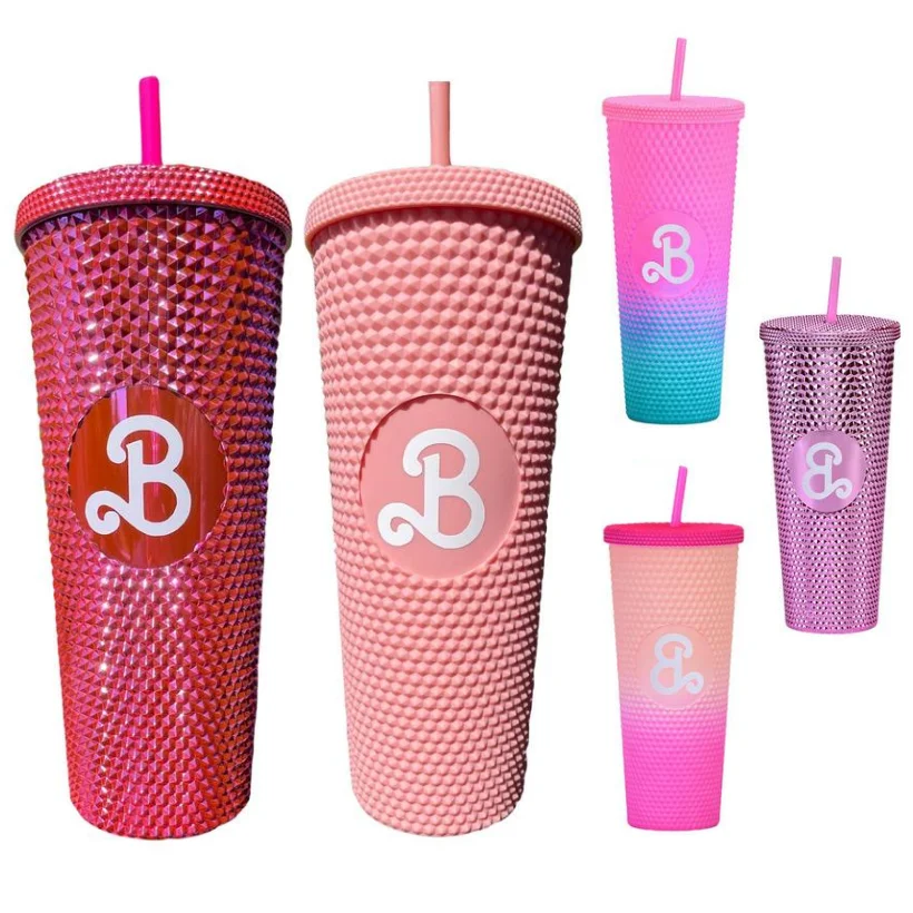 

800ml Straw Cup Barbiee Studded Tumbler 24oz Bling Bling Pink Barbi Water Bottle with Straw Girl Double Wall Coffee Drink Mug