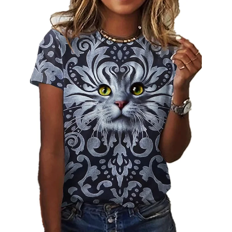 

Lato nowe zwierząt koci wzór wokół szyi na zewnątrz na co dzień moda uliczna kobiet T-shirt w za dużym rozmiarze Top
