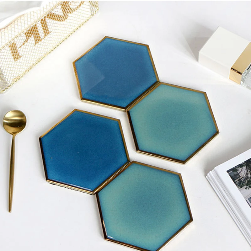 1Pcs Hexagon Gold-plated Ceramic Placemat Heat Insulation Coaster Porcelain Cup Mats Pads Table Decorations