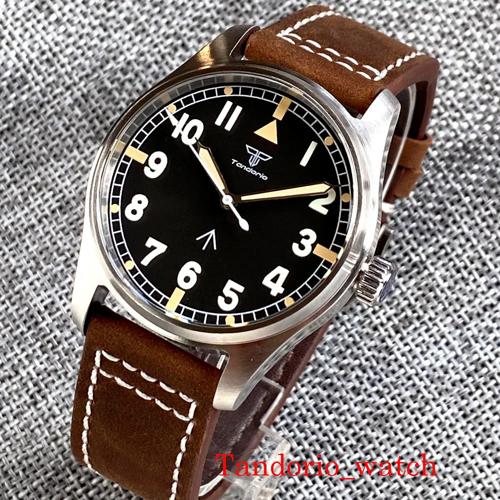 39mm Tandorio Green Luminous Dial NH35A PT5000 Brushed Pilot Diving Automatic Men's Watch Sapphire Glass 200M Waterproof Leather