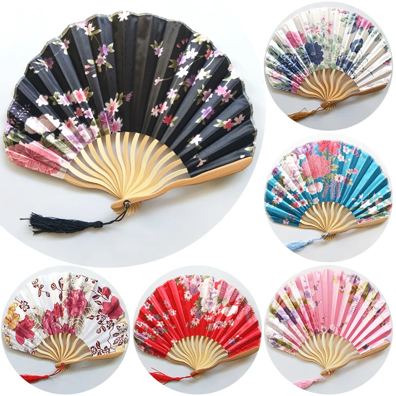 

Chinese Style Silk Fan Chinese Bamboo Folding Fan Vintage Wave-shaped Keel Dance Hand Fans Craft Home Decoration Ornaments Gift