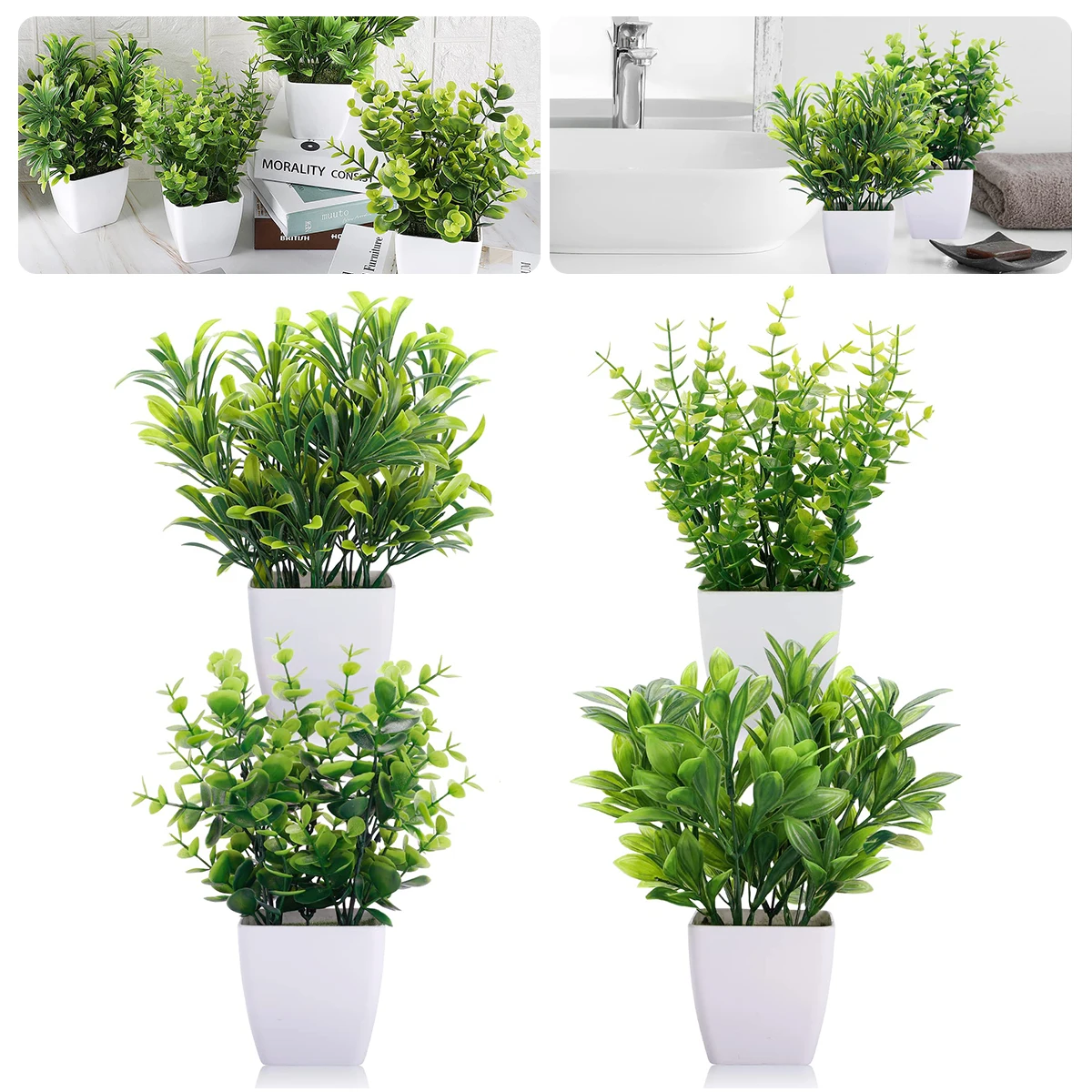 

NEW 4Pcs Artificial Potted Plant Fake Plants Reusable Plastic Green Plant Potted Combination Faux Plants Realistic Small