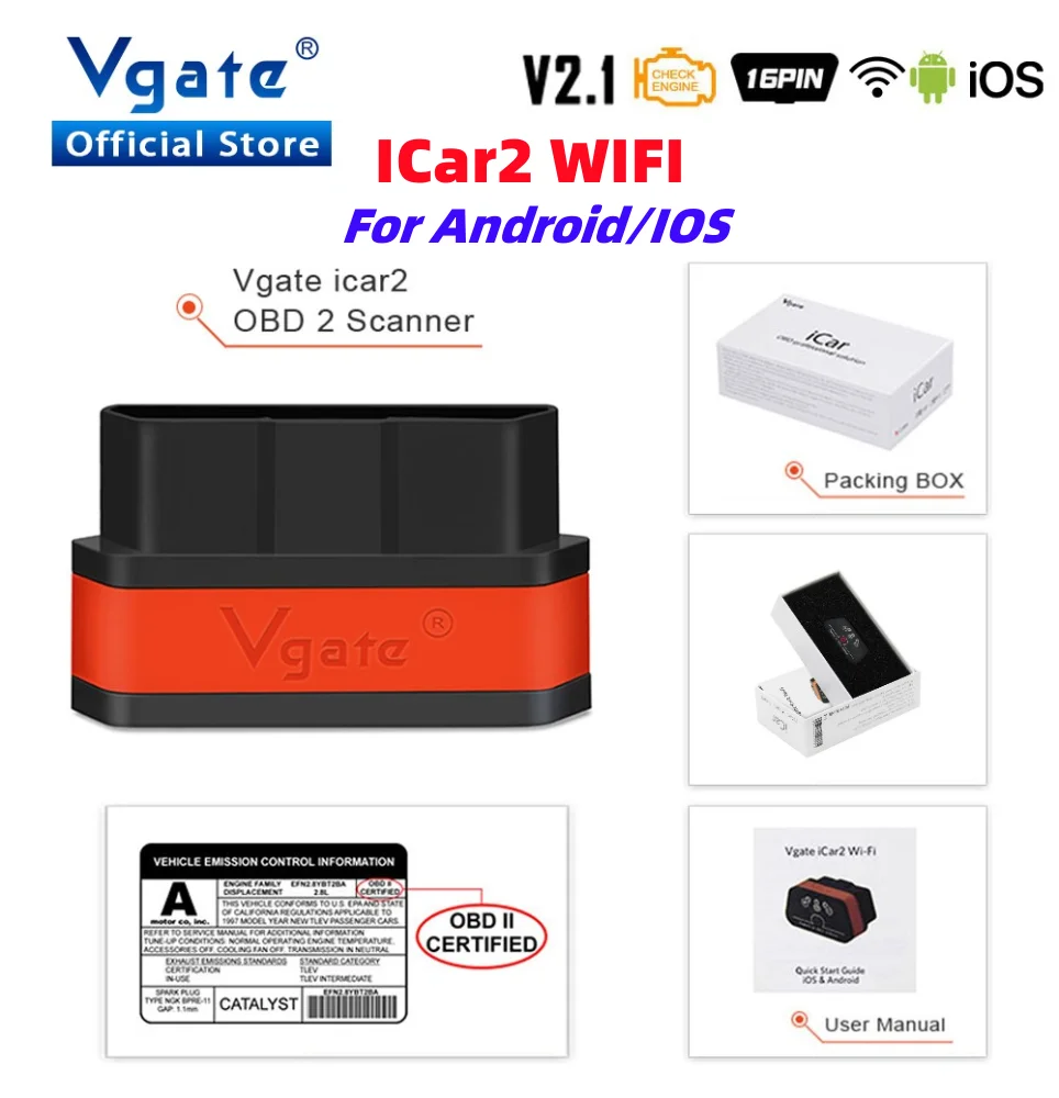 Vgate iCar2 ELM 327 v2.1 V2 1 obd2 сканер Wi-Fi адаптер для диагностики автомобиля для IOS/Android obd odb 2 инструмент для автомобиля PK elm327 v1.5