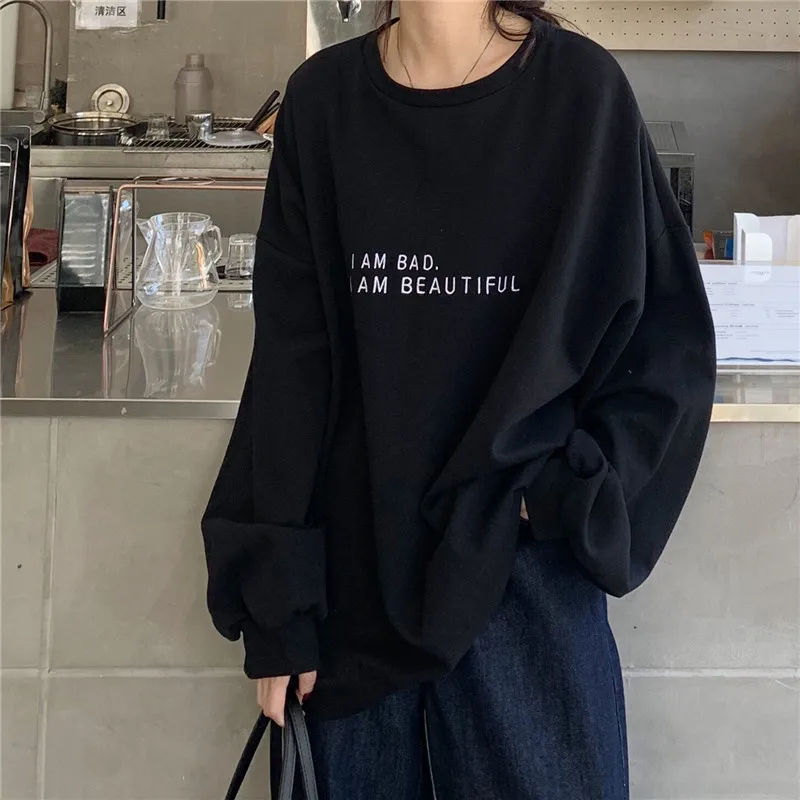 Women Letter Printed Long Sleeve Sweatshirt Crew Neck Solid Pullover Top 2022 Autumn Winter New Casual Oversize Loose Streetwear