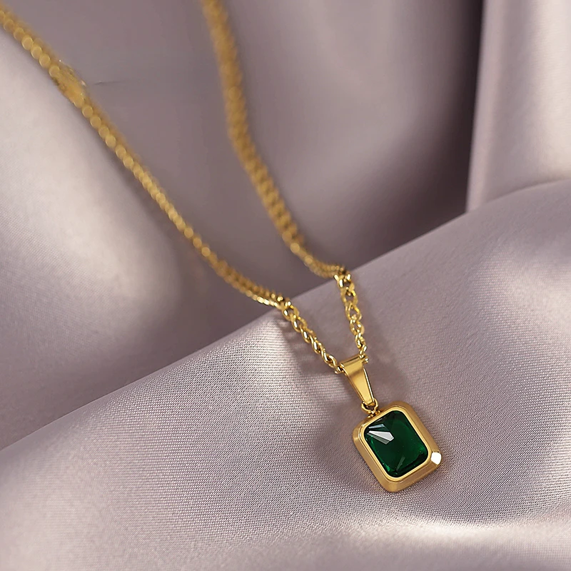 

European and American Gold Stainless steel Chain Green Square Pendant Necklace Fashion Luxury Jewelry For Women's Clavicle Chain