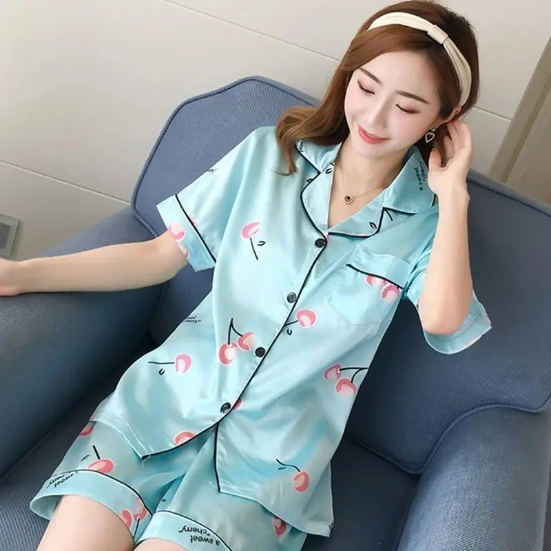 Womens Silk Satin Pajamas Set Short Sleeve Two-piece Home Sets Sleepwear Loungewear Comfortable Girl Spring And Summer Pijamas