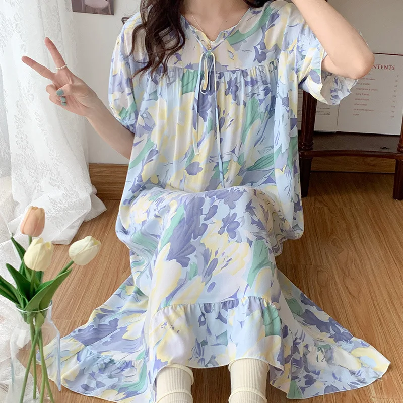 Short Sleeves Spring Loose Nightgowns Women Cotton Sleepshirts Casual Fashion Floral Print Lounge Mujer Clothes Summer Sleepwear