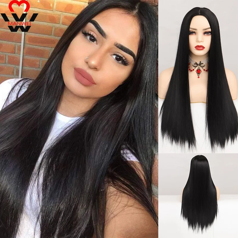 MANWEI Synthetic Wig Blcak Long Straight Hair Lolita Daily Wear Cosplay Heat-resistant Mid-length Wigs