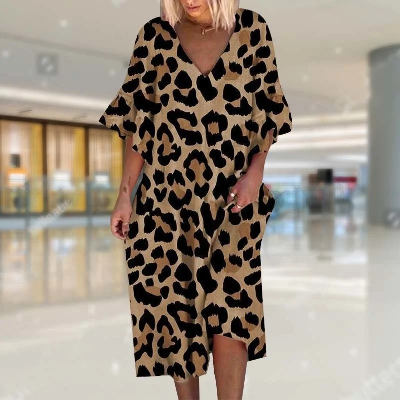 

2022New Summer Fashion Women Loose Boho Elegant Autumn Winter Dress Large Big Party Ruffle Sleeve Leopard Print Dresses