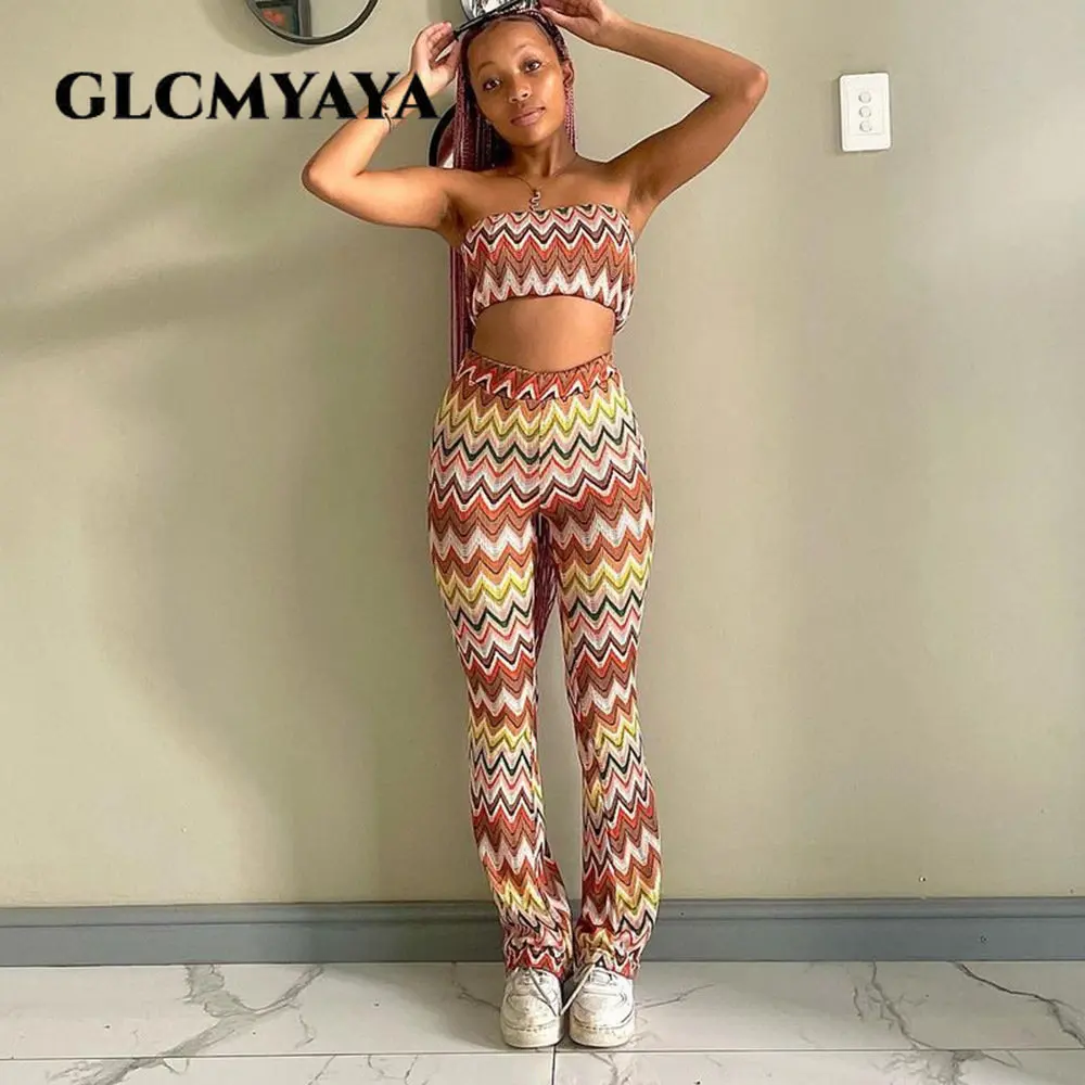 Вязаный женский комплект GLCMYAYA в полоску с волнистыми полосками укороченный Топ