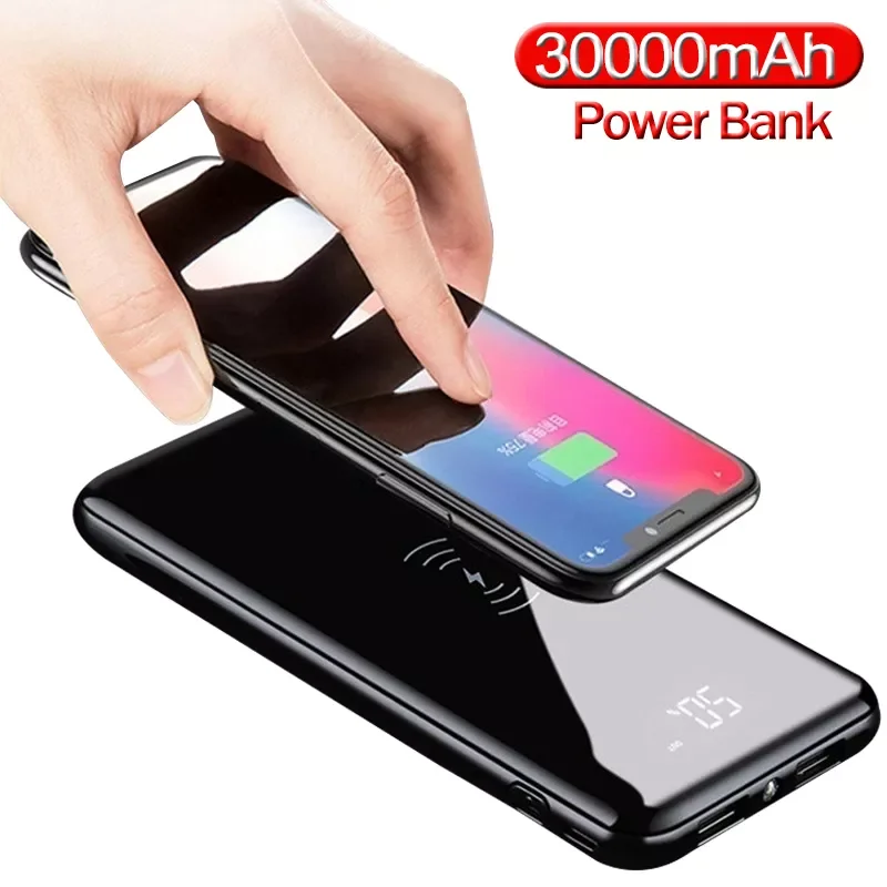 

2023New 30000mAh wireless solar power bank external battery PoverBank 2USB LED portable mobile phone wireless charger for Xiaomi
