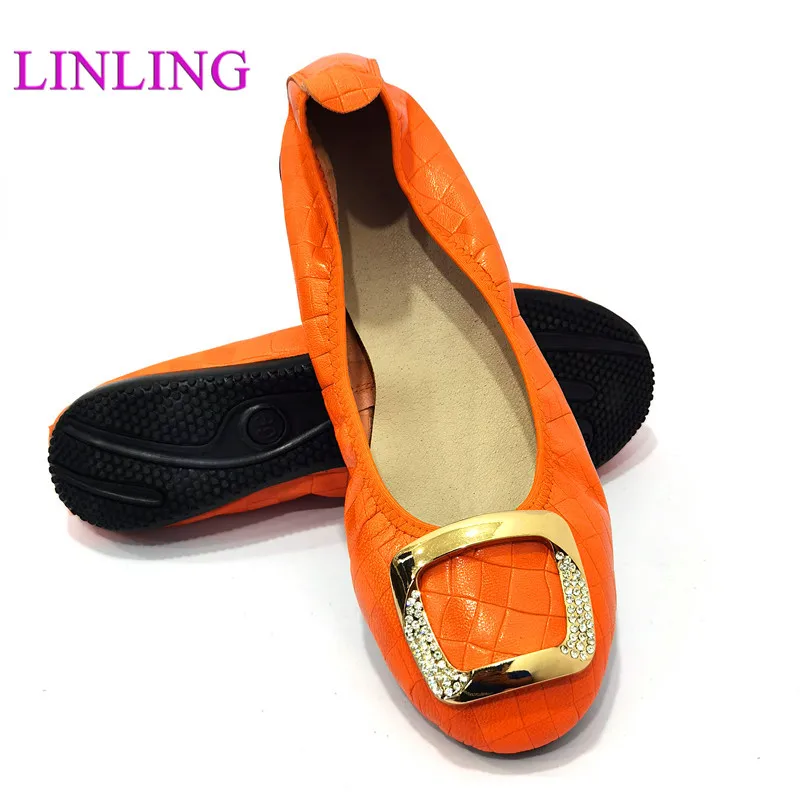 Fashionable Genuine Leather Ladies Ballet Flats Shoes Women Loafers Round Toe Metal Buckle Shallow Slip-On Boat Shoes Woman