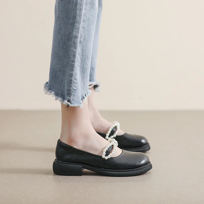 

Round Head Pearl Mary Jane Shoes 2022 Women's Summer College Style Thick Bottom Loafer Retro Shallow Mouth Single Shoes Women
